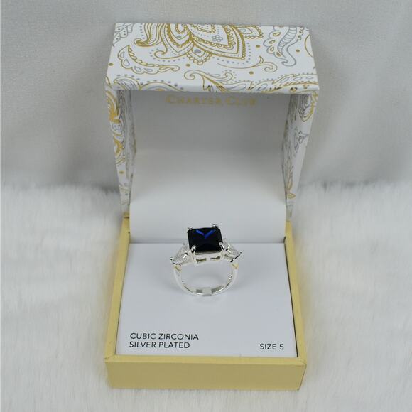 Charter Club silver plated cubic zirconia sapphire blue crystal ring size 5 NEW - Picture 2 of 6